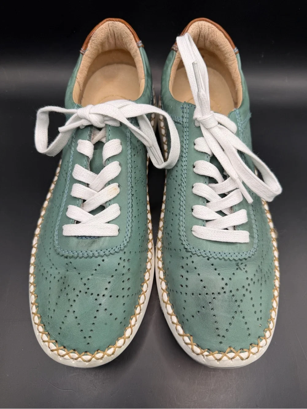 The Happy Monk-Casual Perforated Green Sneakers - White Laces,‎ Size: 39